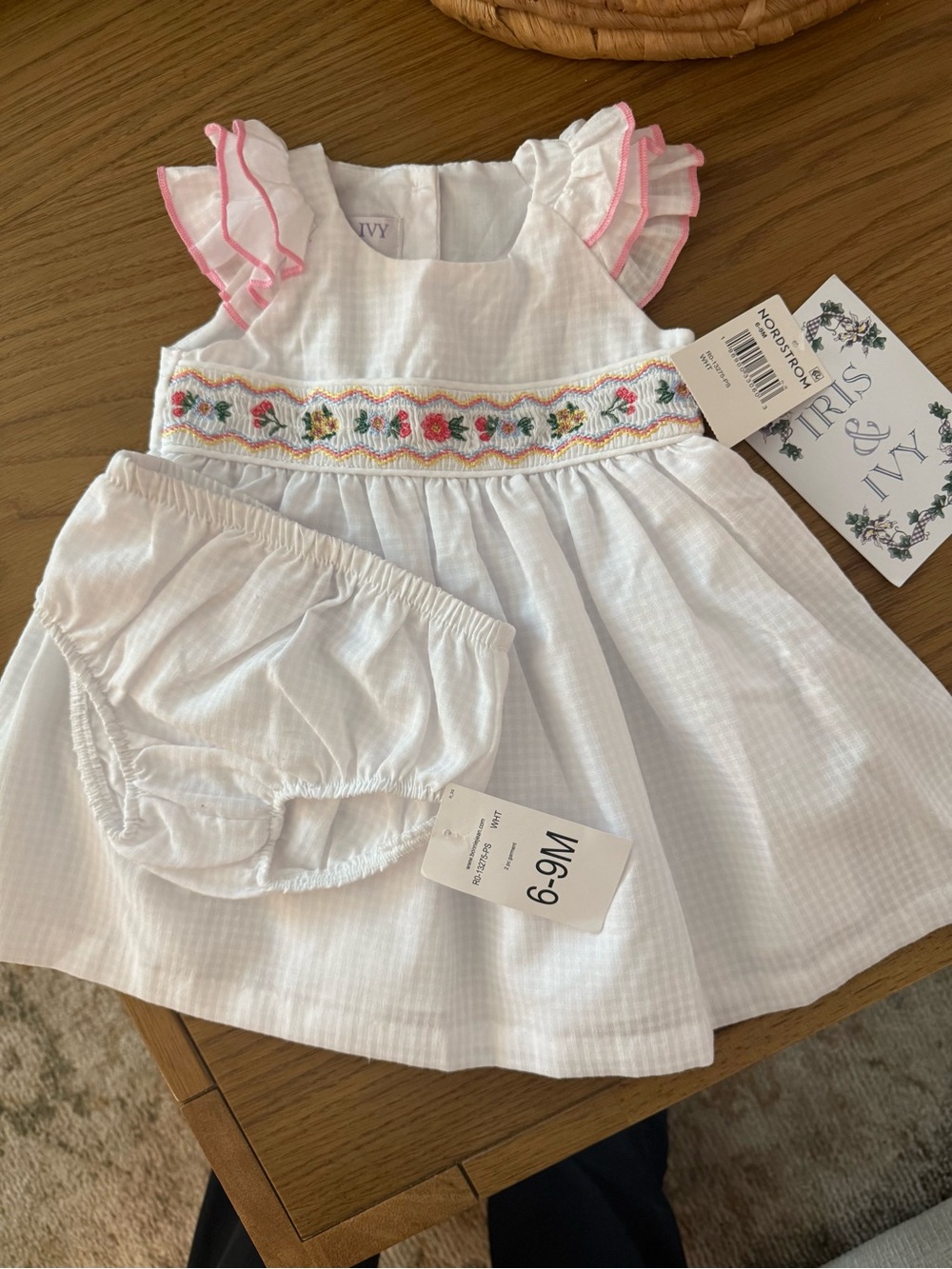 iris & ivy White Smocked Dress with Pink Trim and Multicolor Embroidery